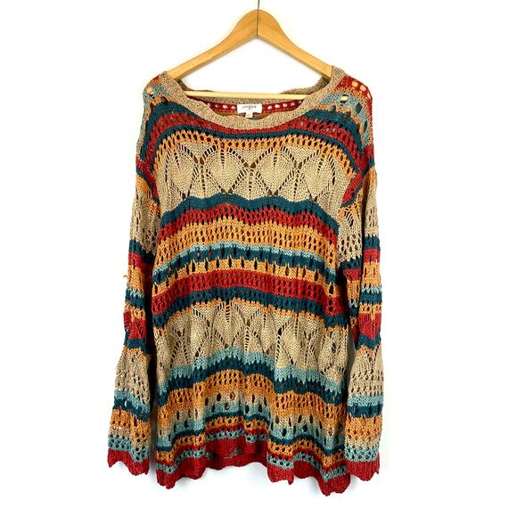 Umgee Multicolor Crochet Stripe Pullover Sweater With Scalloped Hem - Picture 4 of 12